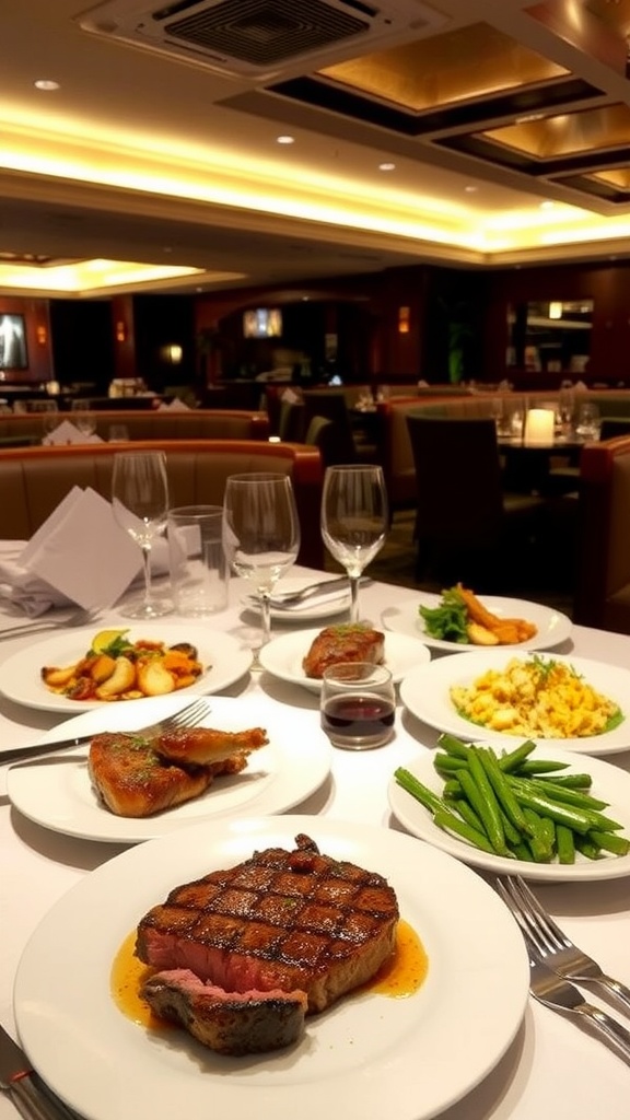 A dining table at Steak 48 Houston with steak, seafood, and elegant decor.